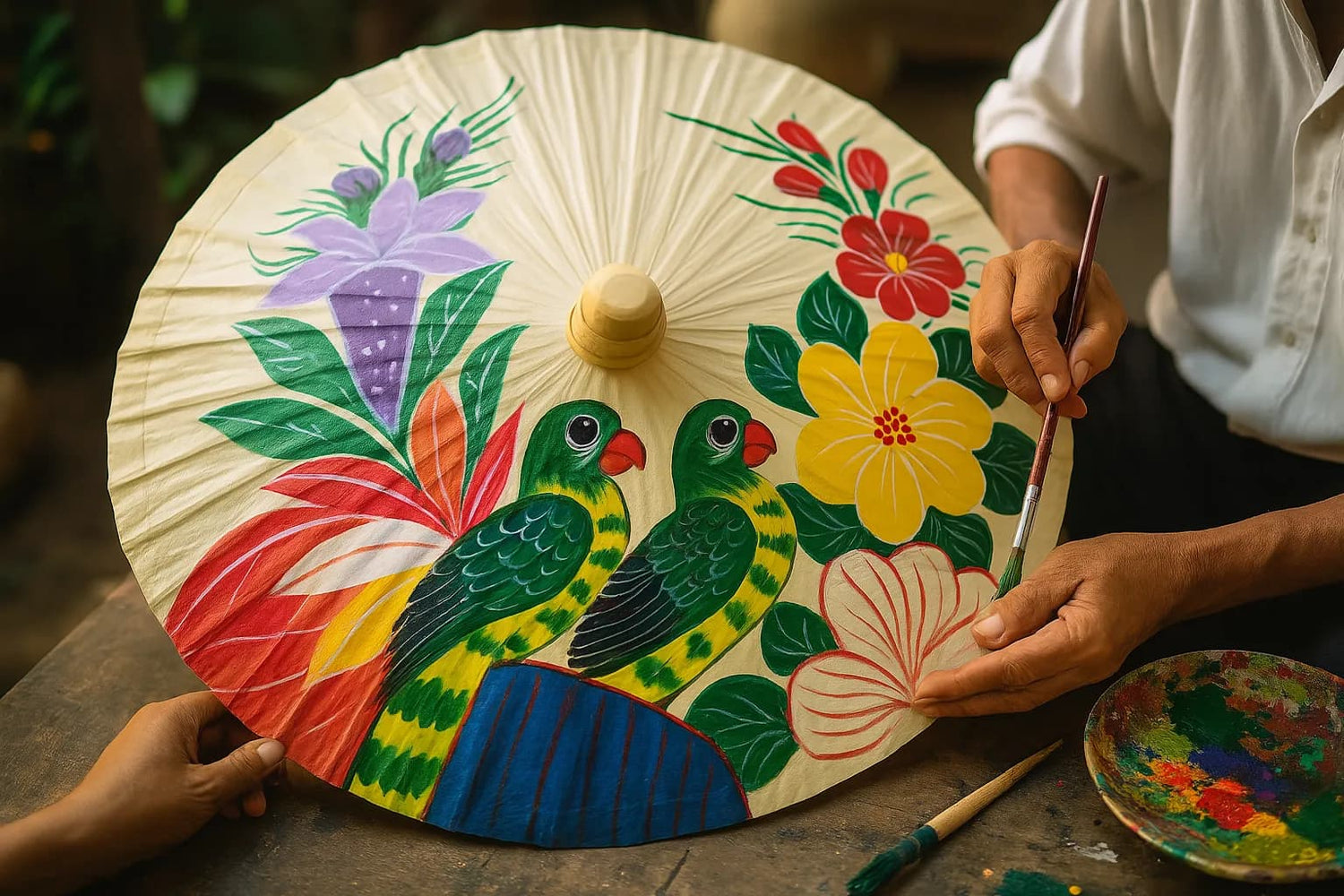Sombrilla artesanal Nut Signature pintada a mano con protección solar natural y resistencia al agua